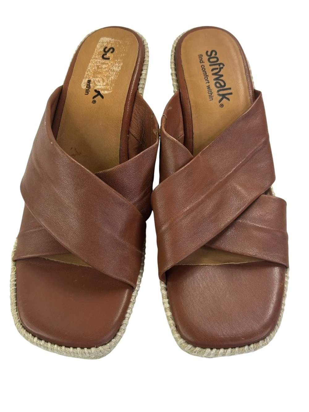 Softwalk Hastings Wedge Espadrilles brown leather cross cross size 8